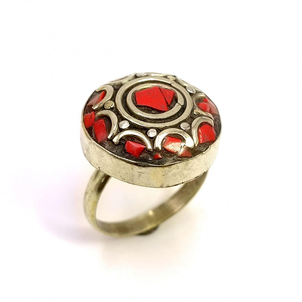 Image of Tibetan Silver Ring Coral Gemstone Fashion Ring Size US 7 Adjustable