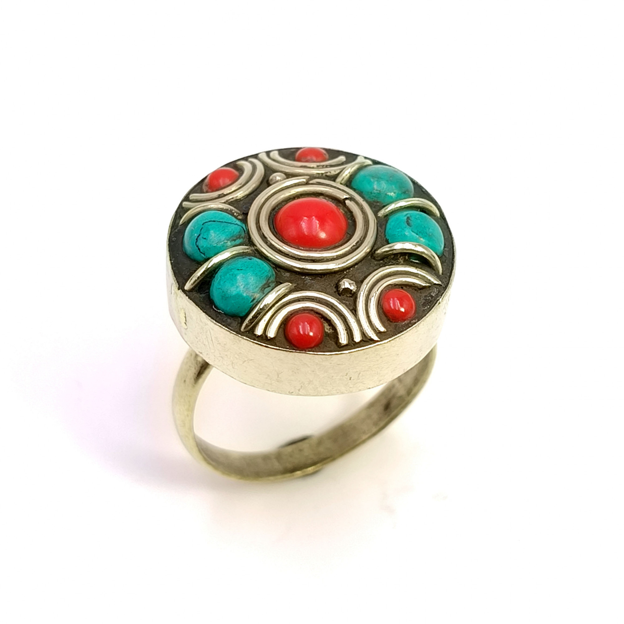 Tibetan Silver Ring Turquoise Coral Gemstone Fashion Ring Size US 8 Adjustable