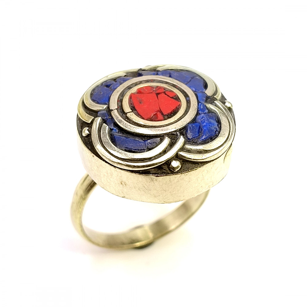 Image of Tibetan Silver Ring Lapis Coral Gemstone Fashion Ring Size US 6 Adjustable