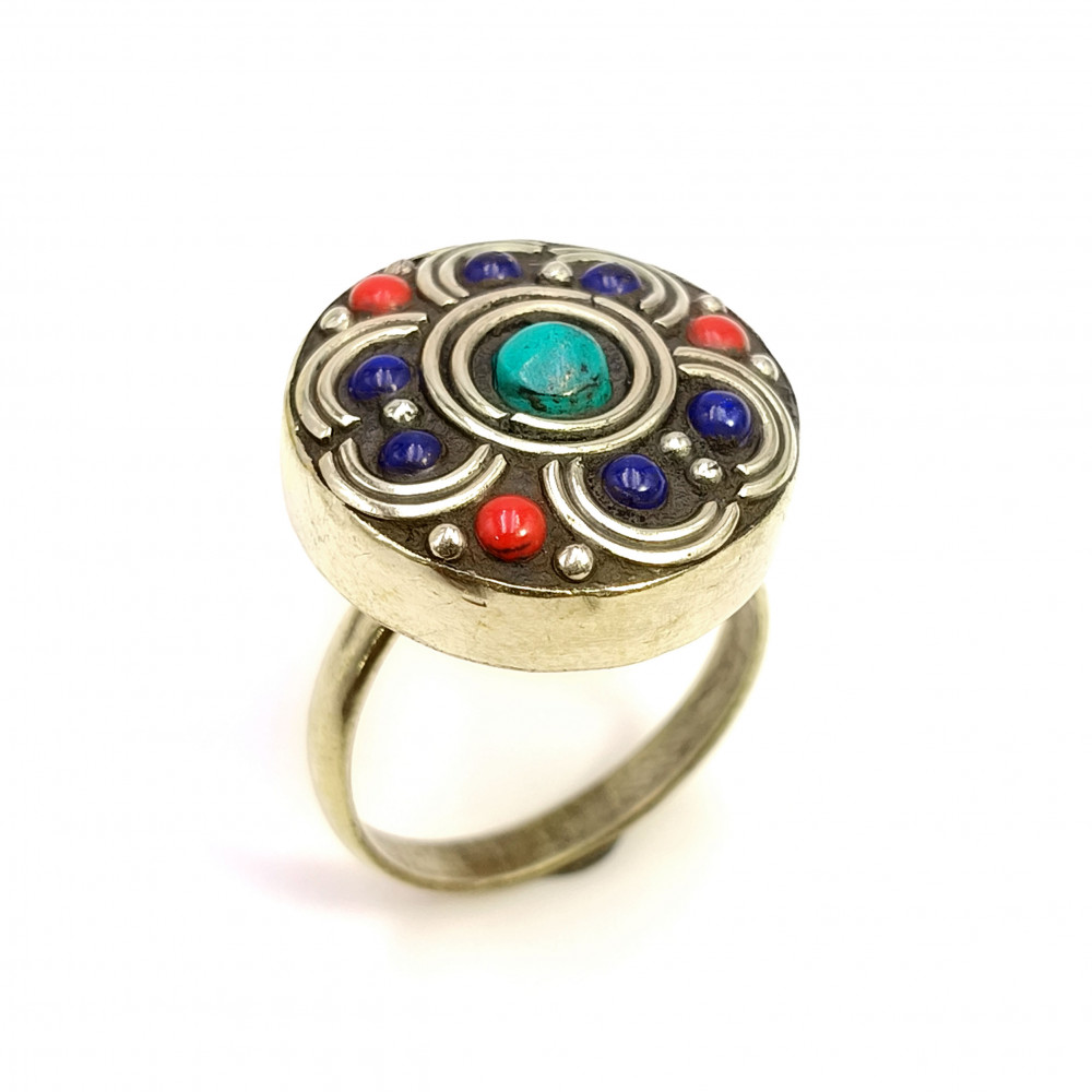 Image of Tibetan Silver Ring Turquoise Coral Gemstone Fashion Ring Size US 7 Adjustable