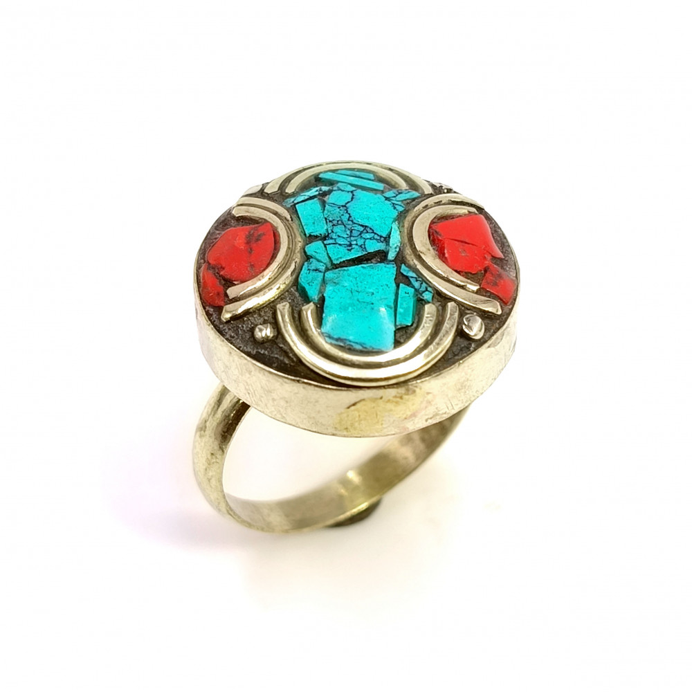 Image of Tibetan Silver Ring Turquoise Coral Gemstone Fashion Ring Size US 6.5 Adjustable