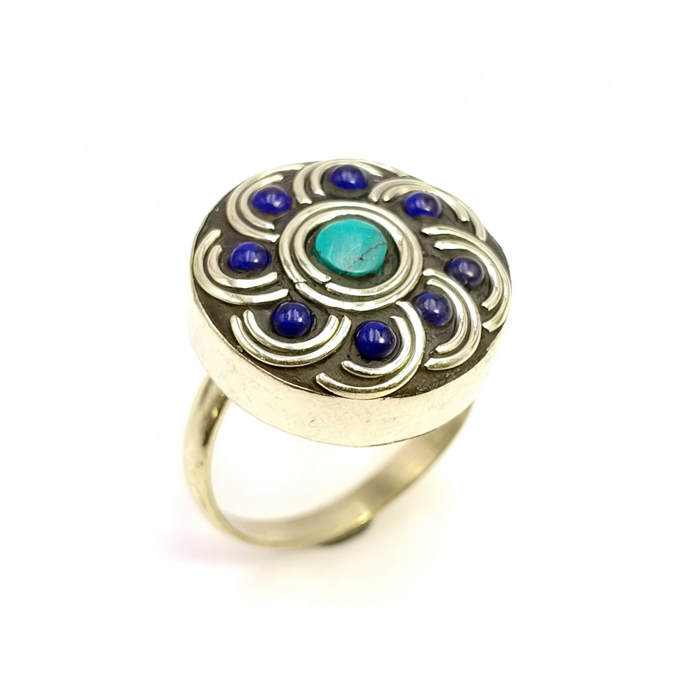 Image of Tibetan Silver Ring Lapis Turquoise Gemstone Fashion Ring Size US 8 Adjustable