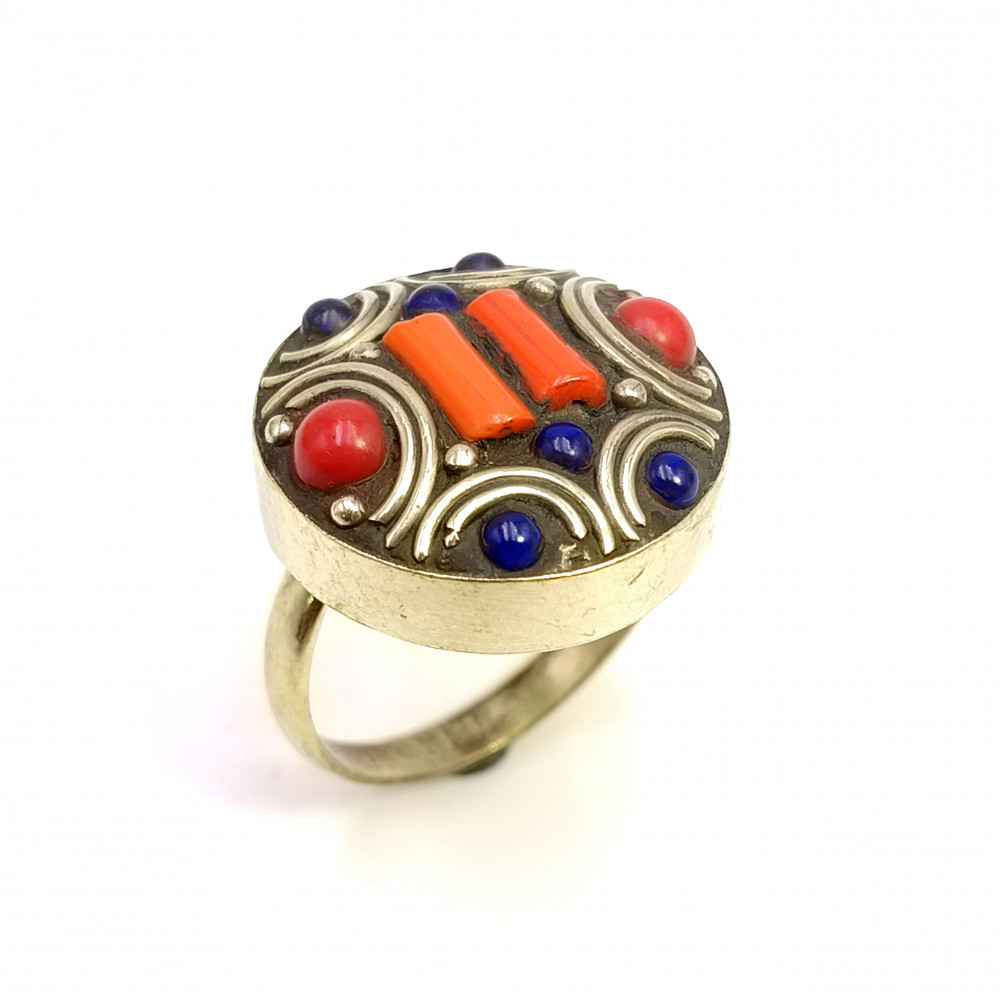 Image of Tibetan Silver Ring Coral Lapis Gemstone Fashion Ring Size US 8 Adjustable