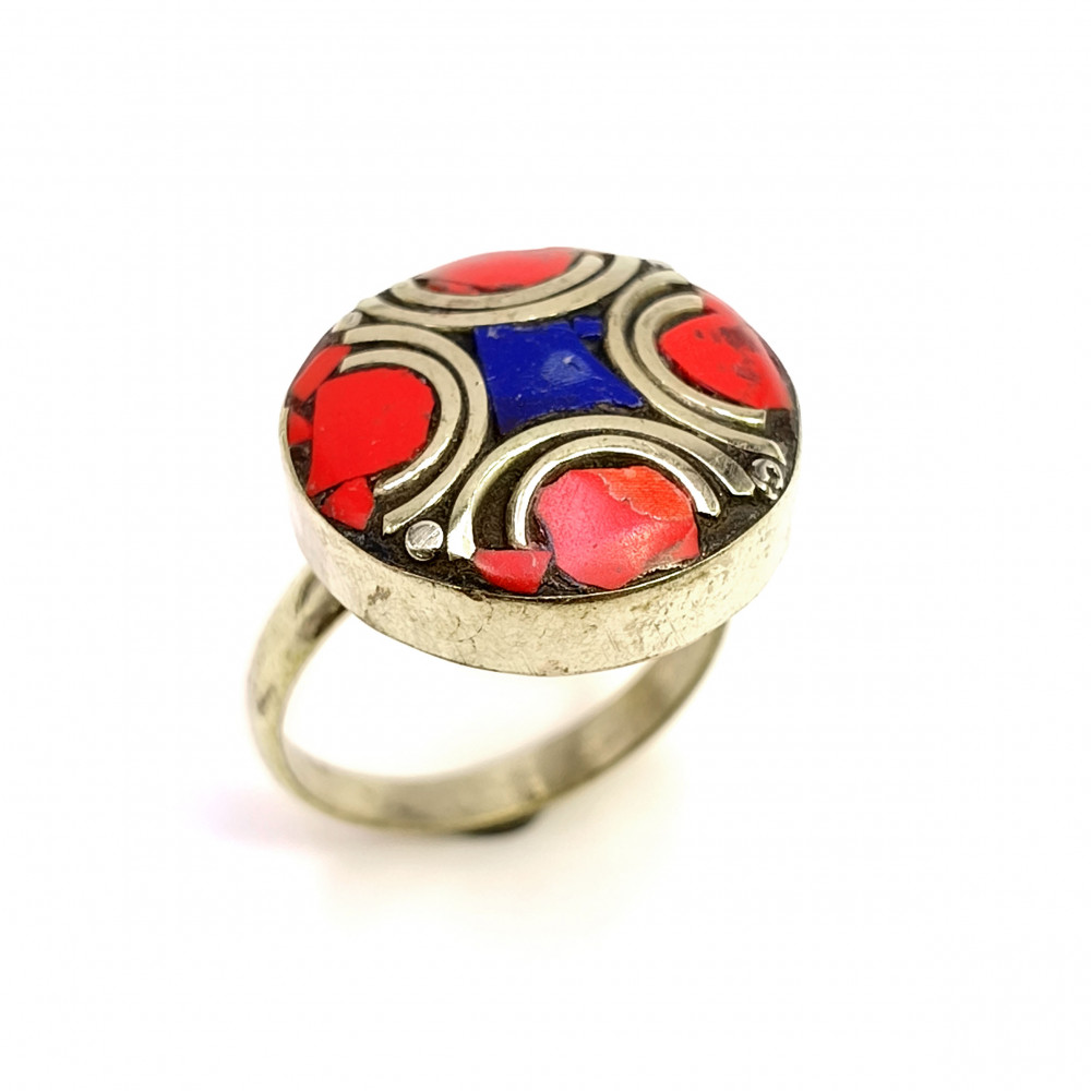 Image of Tibetan Silver Ring Coral Lapis Gemstone Fashion Ring Adjustable