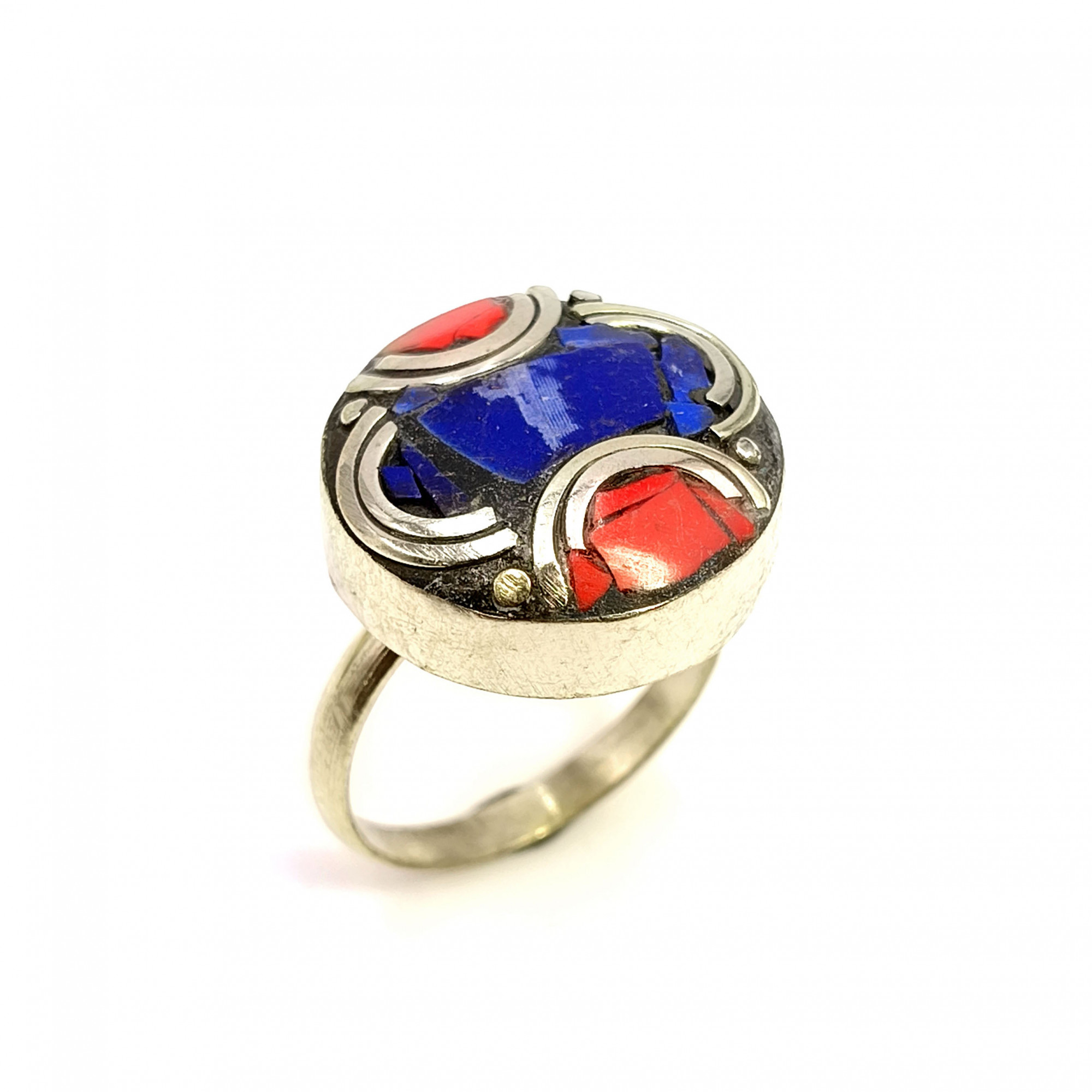 Tibetan Silver Ring Lapis Coral Gemstone Fashion Ring Size US 75 Adjustable