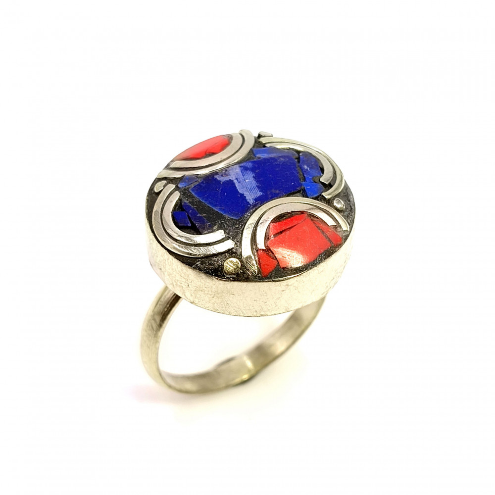 Image of Tibetan Silver Ring Lapis Coral Gemstone Fashion Ring Size US 7.5 Adjustable