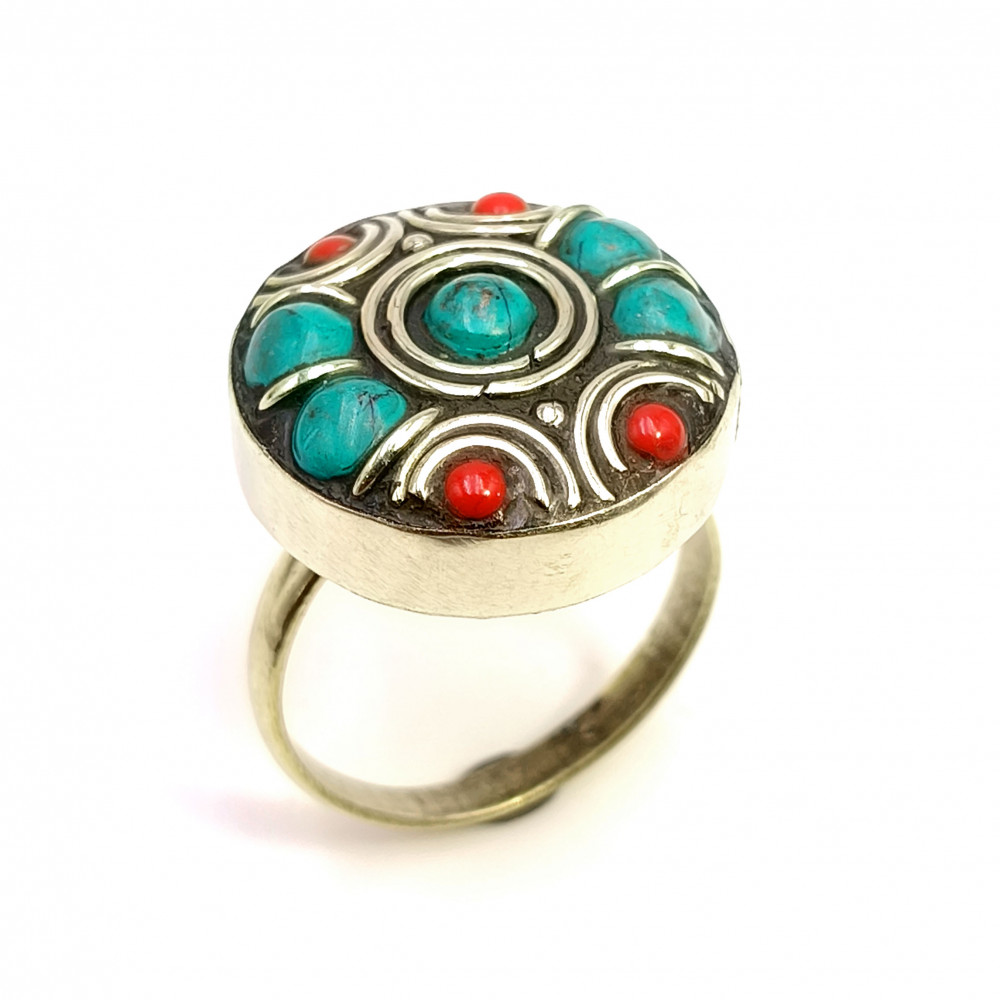 Image of Tibetan Silver Ring Turquoise Coral Gemstone Fashion Ring Size US 8 Adjustable