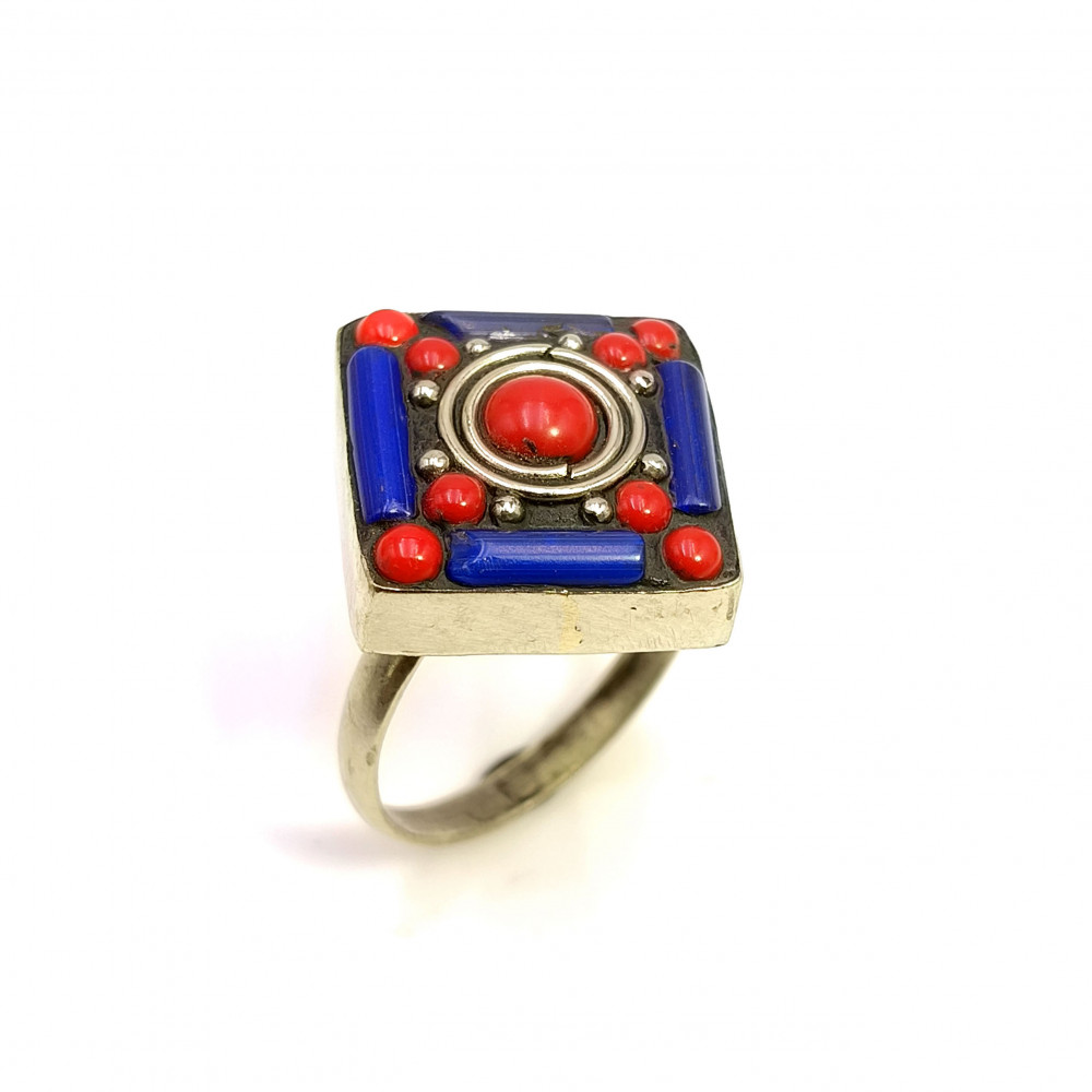 Image of Tibetan Silver Ring Lapis Coral Gemstone Fashion Ring Adjustable