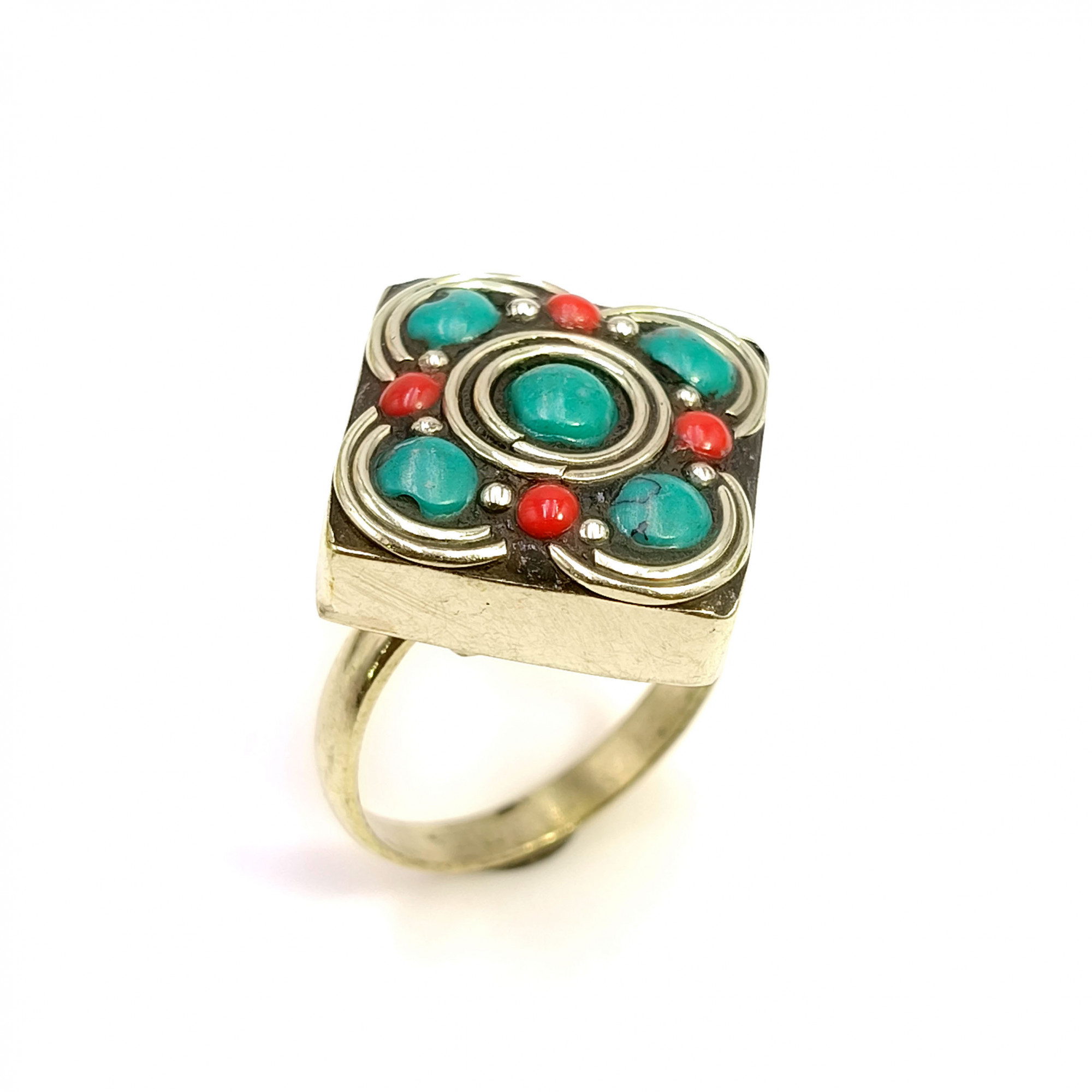 Tibetan Silver Ring Turquoise Coral Gemstone Fashion Ring Size US 7 Adjustable