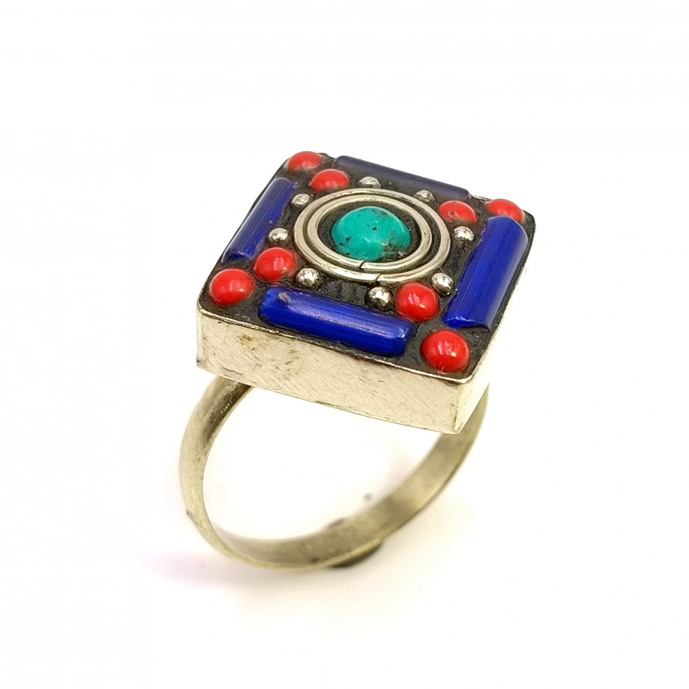 Image of Tibetan Silver Ring Lapis Coral Turquoise Gemstone Fashion Ring Size US 8.5 Adjustable