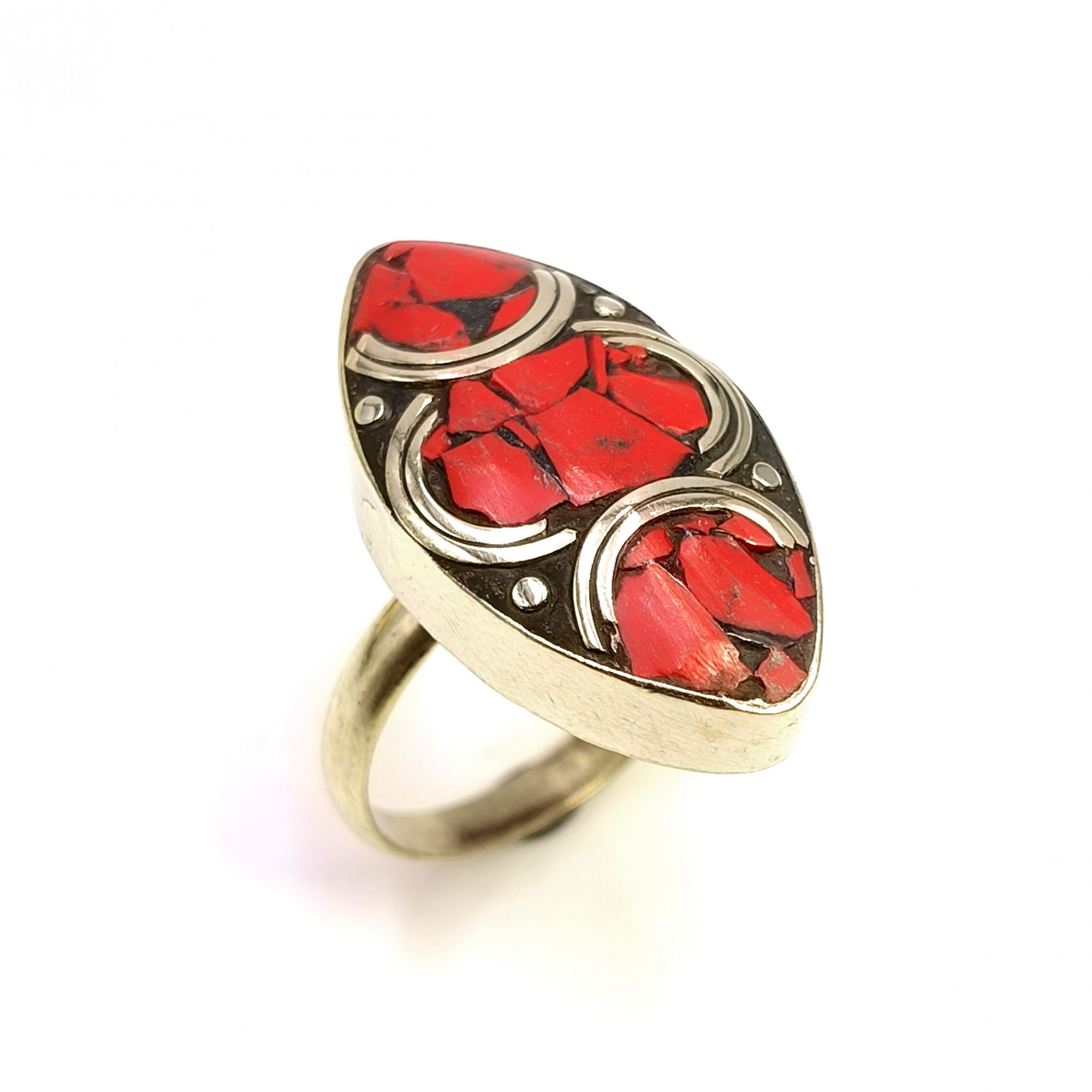 Tibetan Silver Ring Coral Gemstone Fashion Ring Size US 7 Adjustable