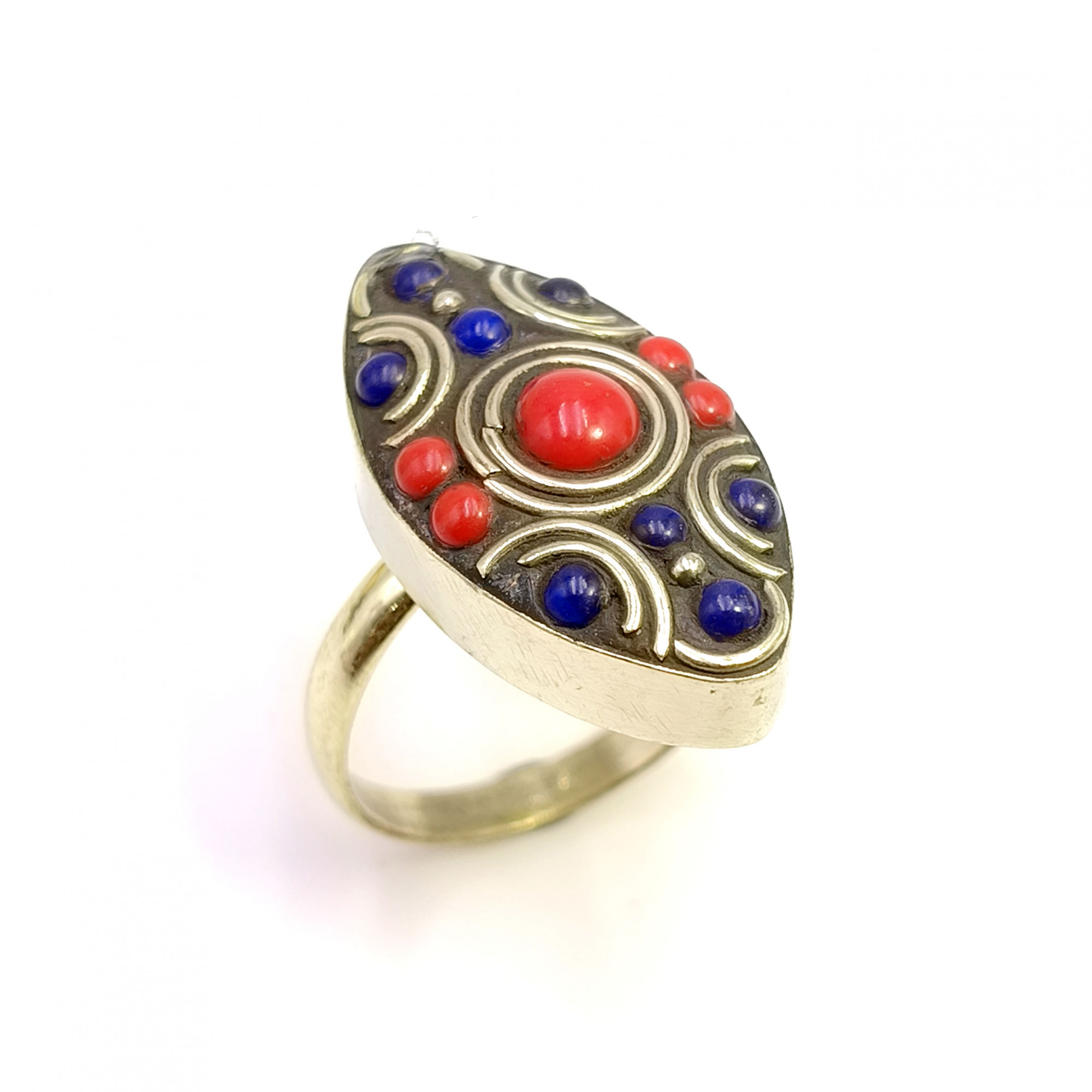 Tibetan Silver Ring Lapis Coral Gemstone Fashion Ring Size US 75 Adjustable