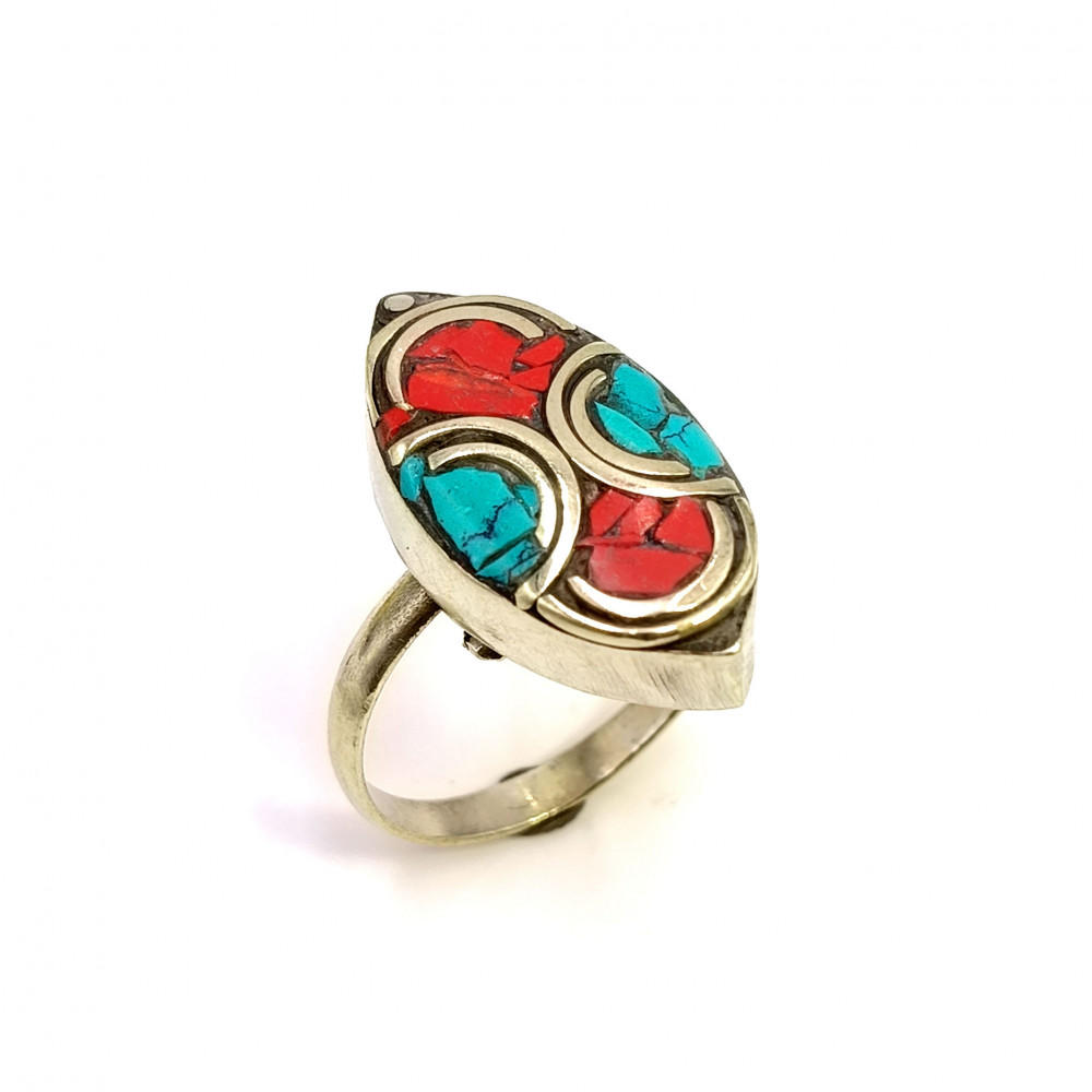 Image of Tibetan Silver Ring Turquoise Coral Gemstone Fashion Ring Size US 7.5 Adjustable