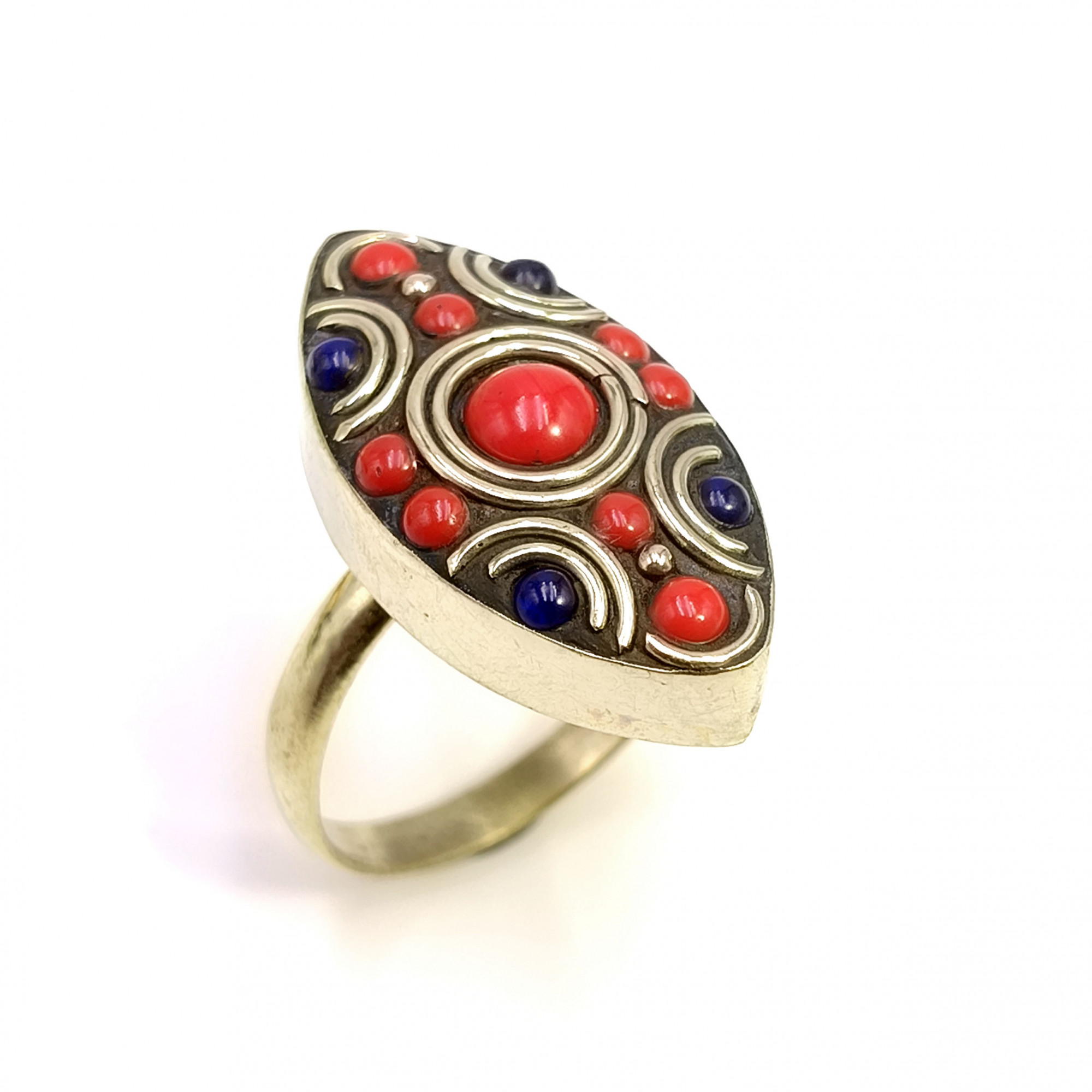 Tibetan Silver Ring Lapis Coral Gemstone Fashion Ring Size US 8 Adjustable