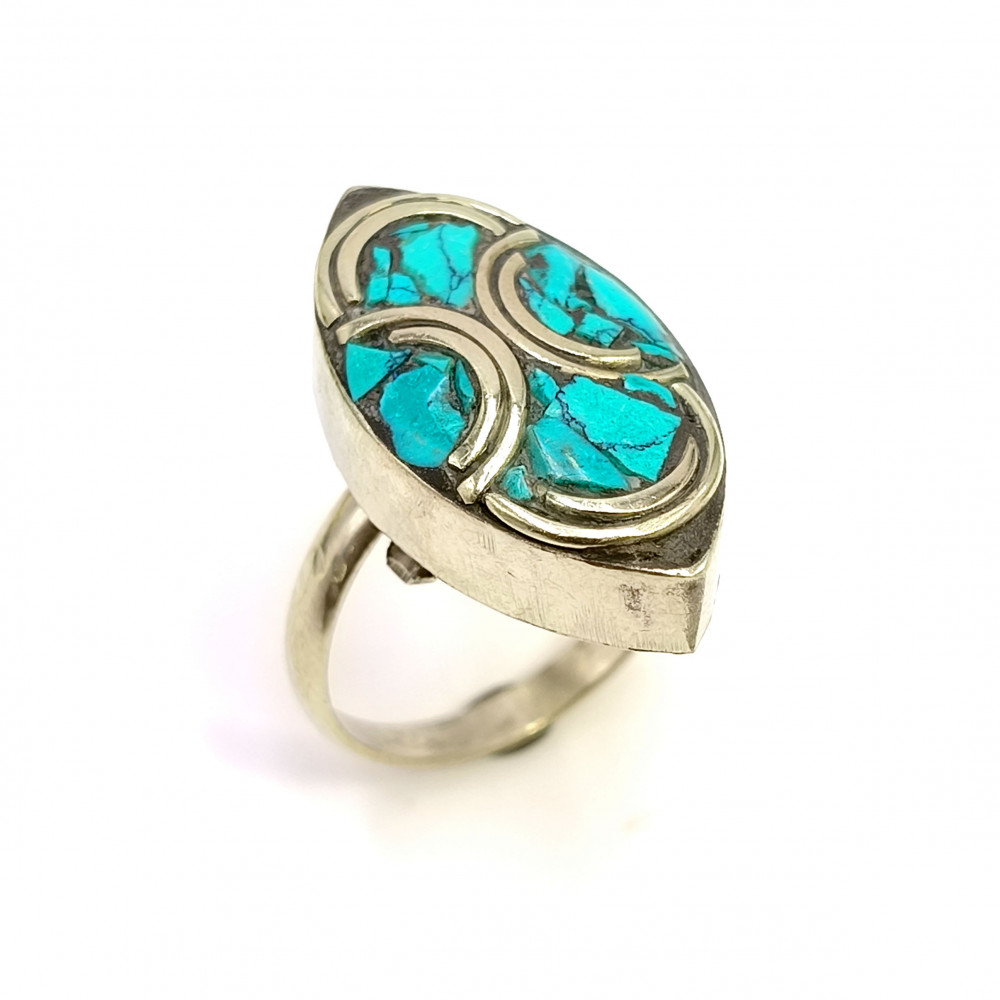 Image of Tibetan Silver Ring Turquoise Gemstone Fashion Ring Size US 7 Adjustable