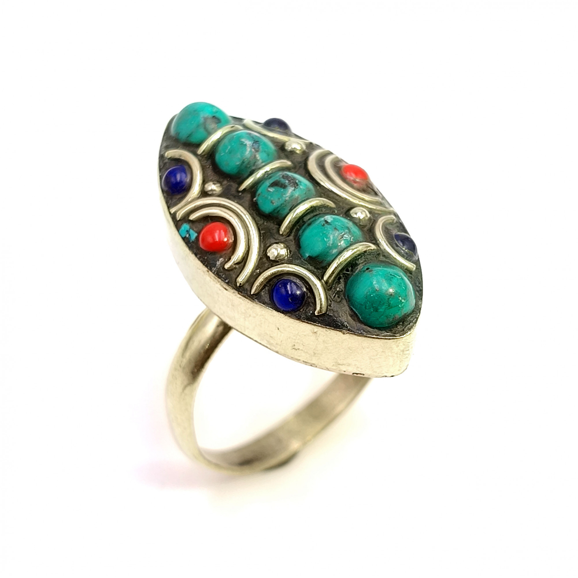 Tibetan Silver Ring Turquoise Coral Gemstone Fashion Ring Size US 85 Adjustable