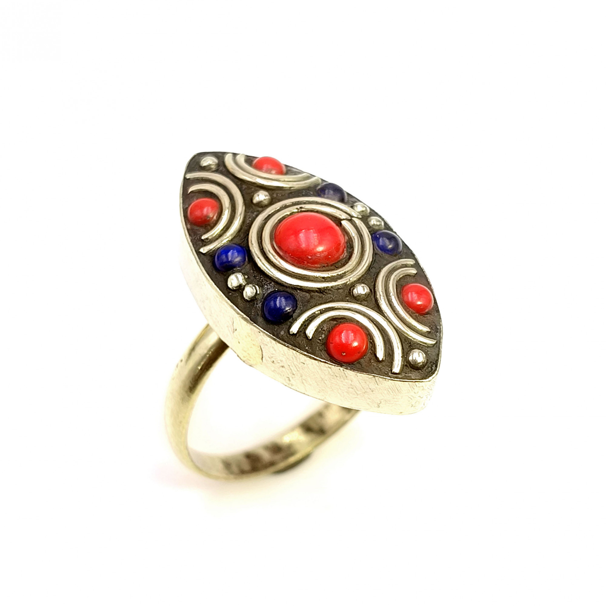 Tibetan Silver Ring Lapis Coral Gemstone Fashion Ring Adjustable