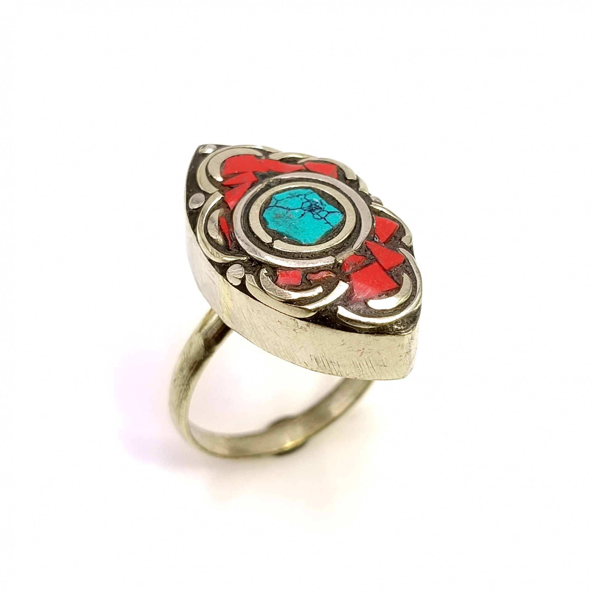 Tibetan Silver Ring Turquoise Coral Gemstone Fashion Ring Size US 7 Adjustable