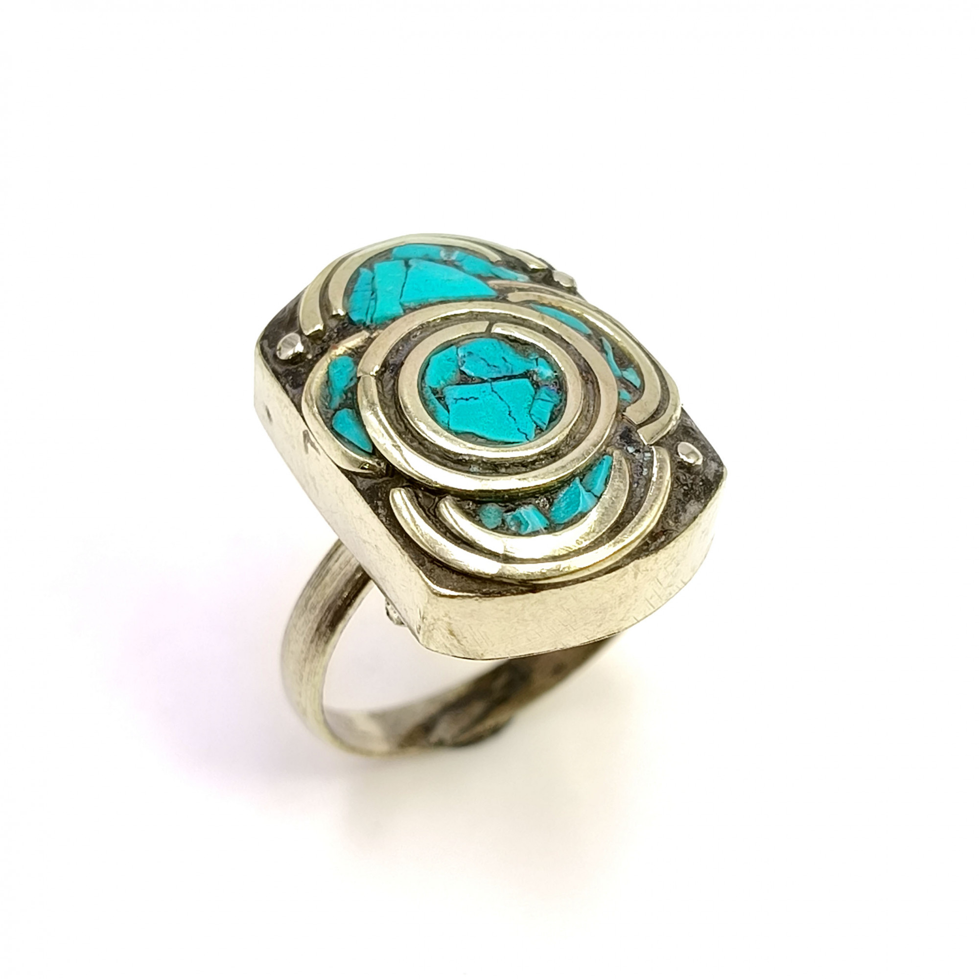 Tibetan Silver Ring Turquoise Gemstone Fashion Ring Size US 6 Adjustable