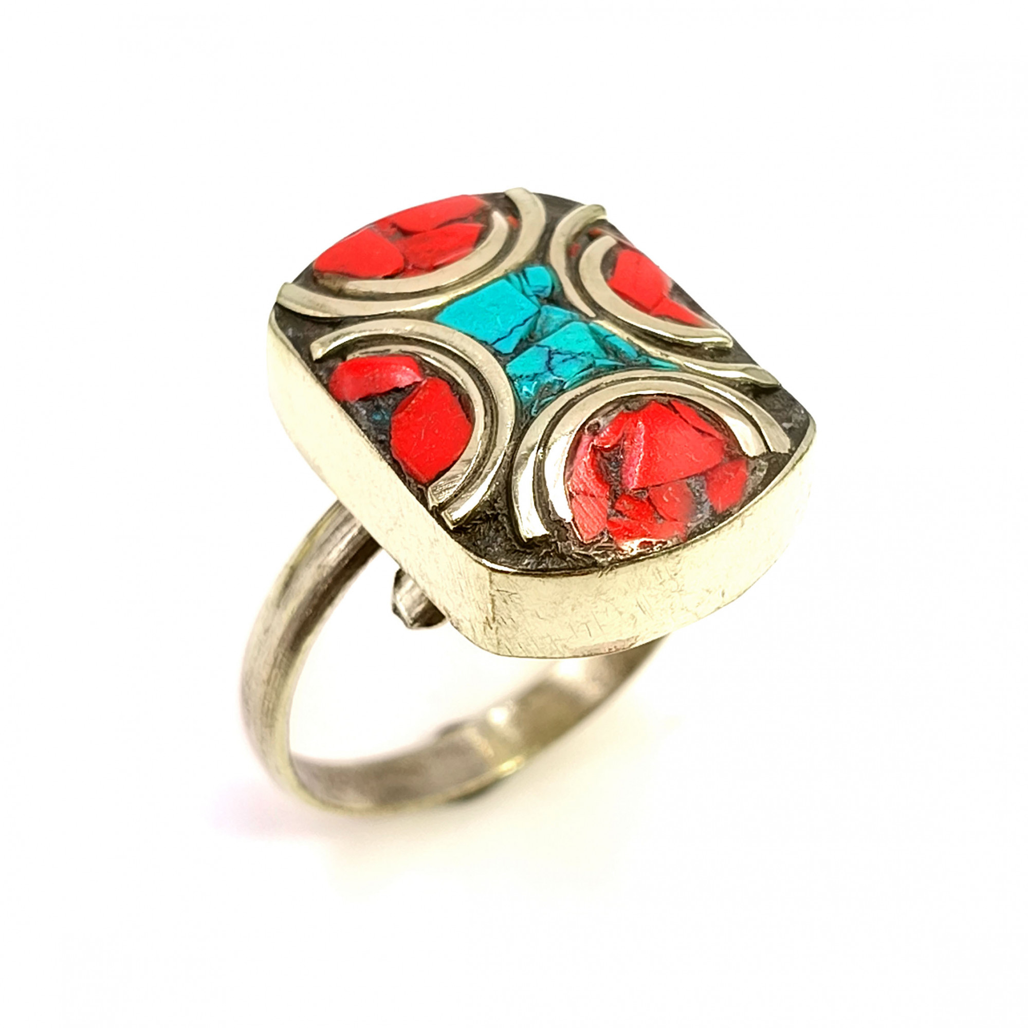 Tibetan Silver Ring Coral Turquoise Gemstone Fashion Ring Size US 75 Adjustable
