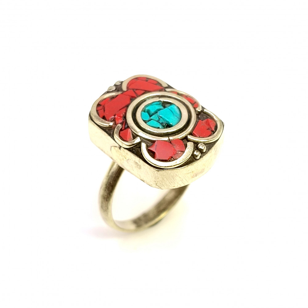 Image of Tibetan Silver Ring Copral Turquoise Gemstone Fashion Ring Size US 6.5 Adjustable