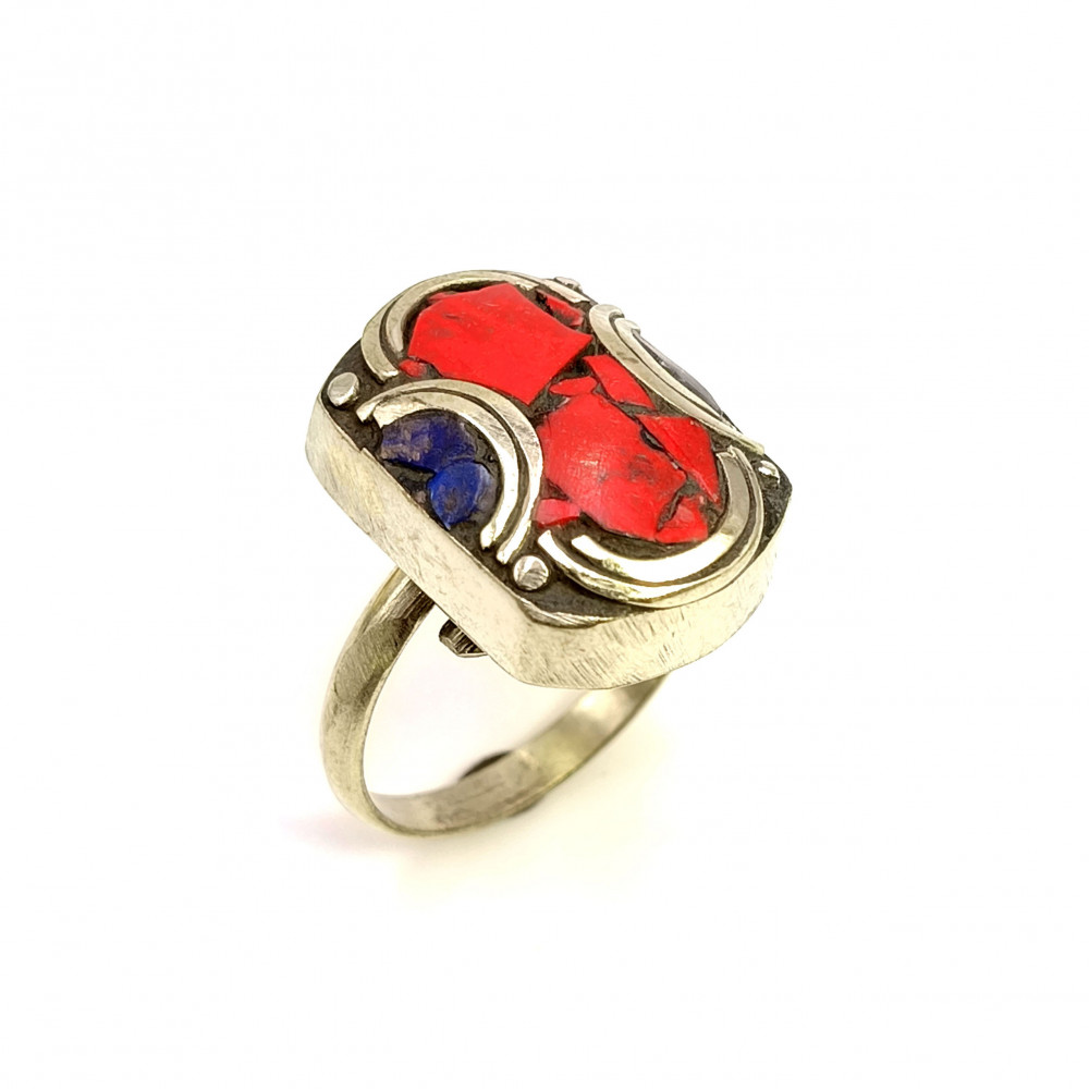 Image of Tibetan Silver Ring Coral Lapis Gemstone Fashion Ring Adjustable