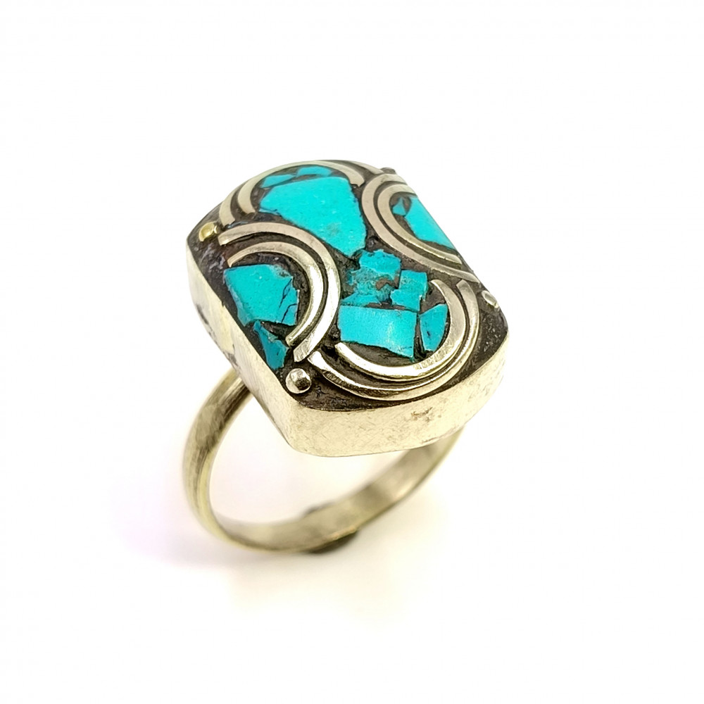 Image of Tibetan Silver Ring Turquoise Gemstone Fashion Ring Size US 7 Adjustable