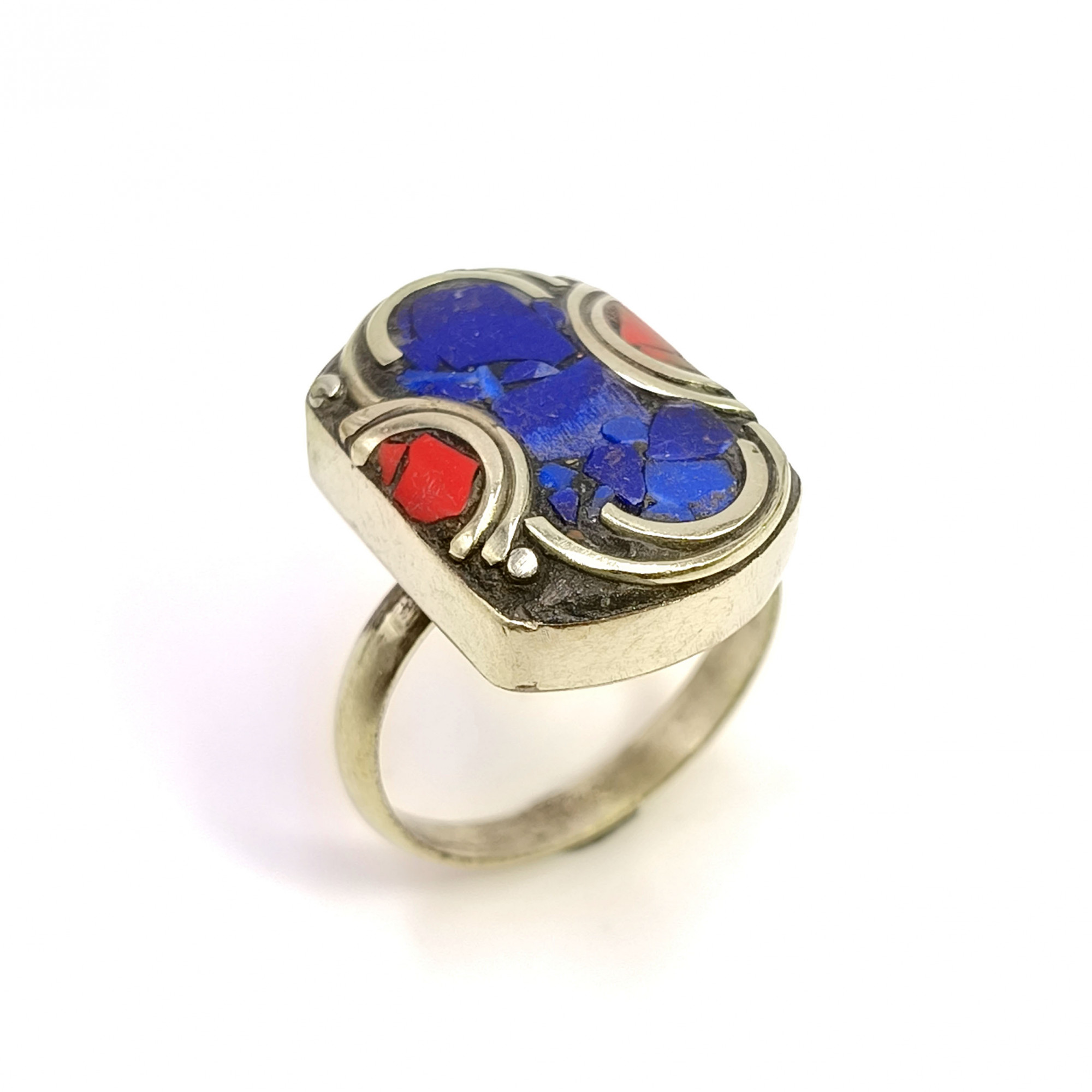 Tibetan Silver Ring Lapis Coral Gemstone Fashion Ring Adjustable