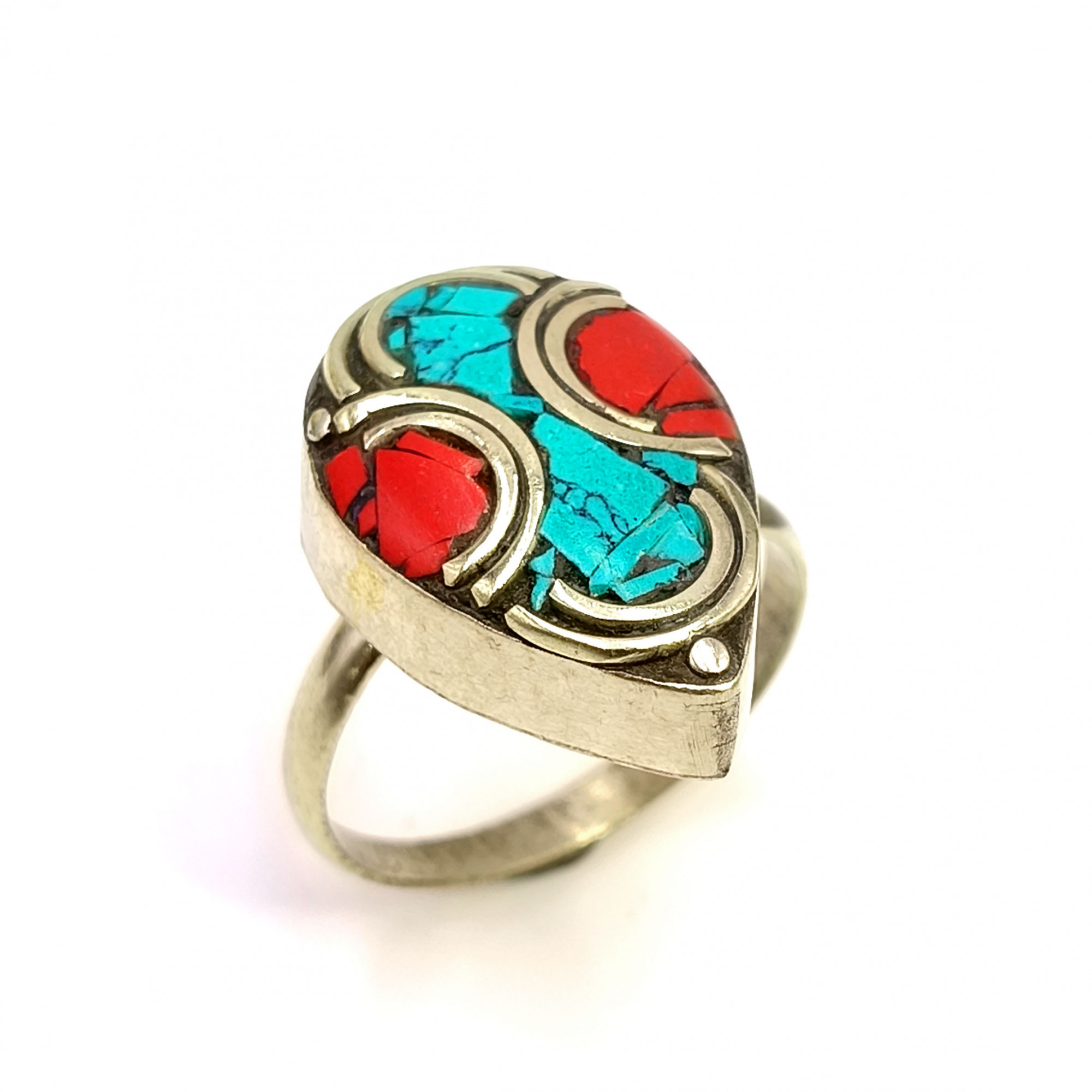 Tibetan Silver Ring Turquoise Coral Gemstone Fashion Ring Size US 7 Adjustable