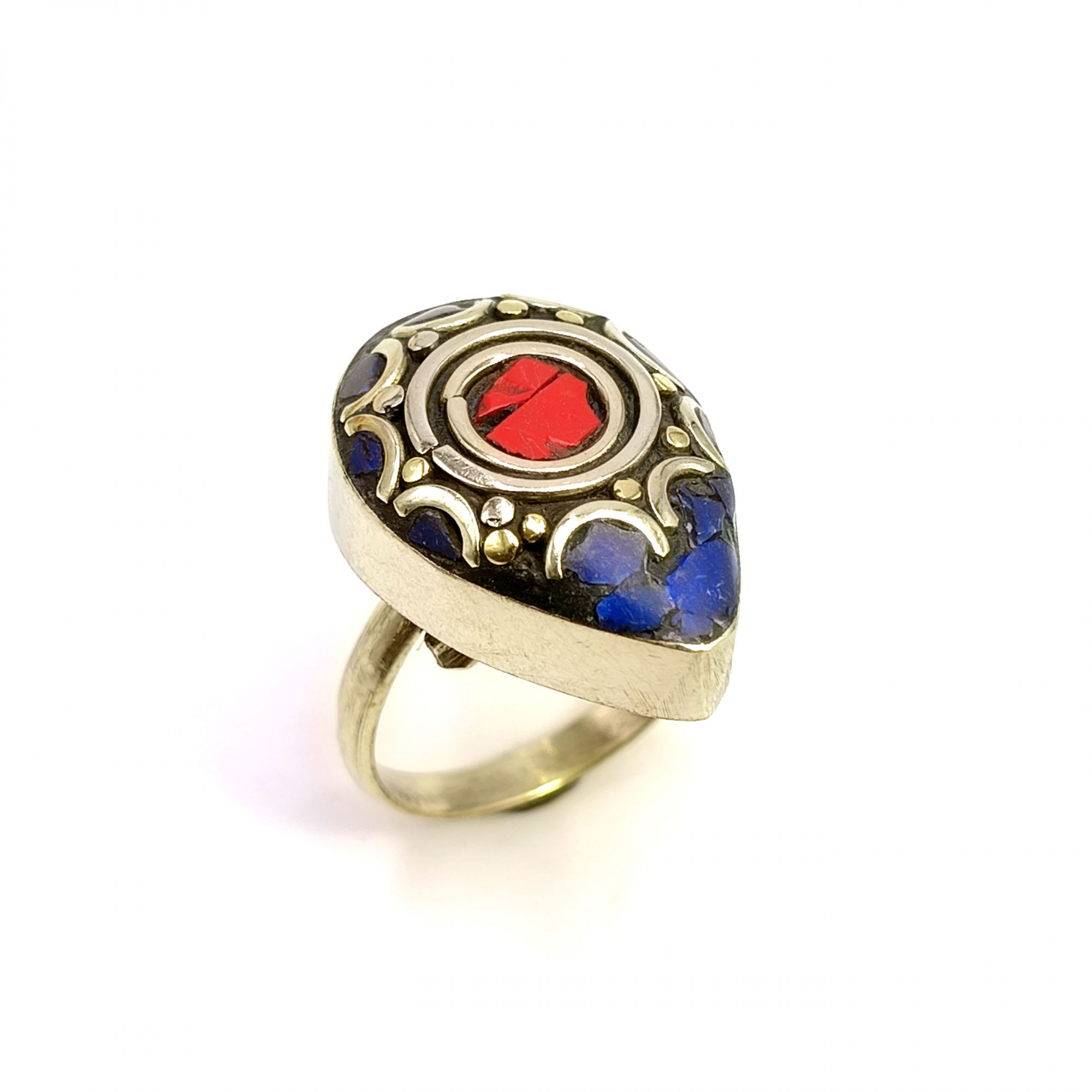 Tibetan Silver Ring Lapis Coral Gemstone Fashion Ring Size US 6 Adjustable