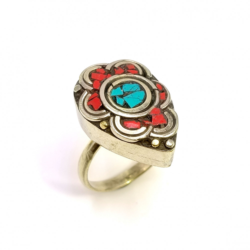 Image of Tibetan Silver Ring Turquoise Coral Gemstone Fashion Ring Size US 6 Adjustable