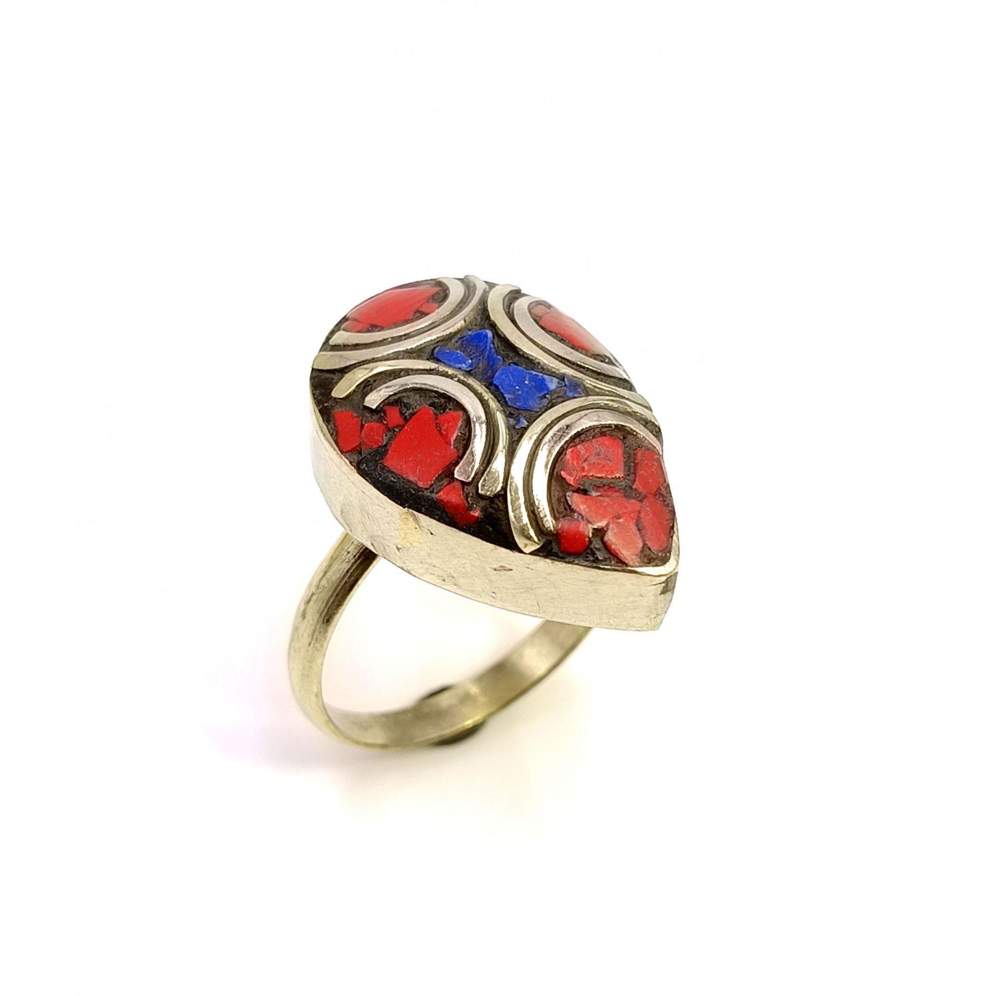 Tibetan Silver Ring Coral Lapis Gemstone Fashion Ring Size US 7 Adjustable
