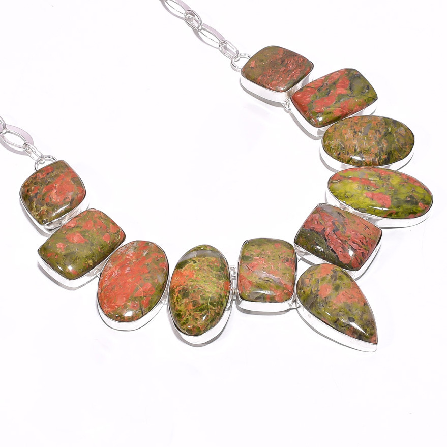 925 Sterling Silver Plated Necklace Unakite Gemstone Fashion Designer Neckalce