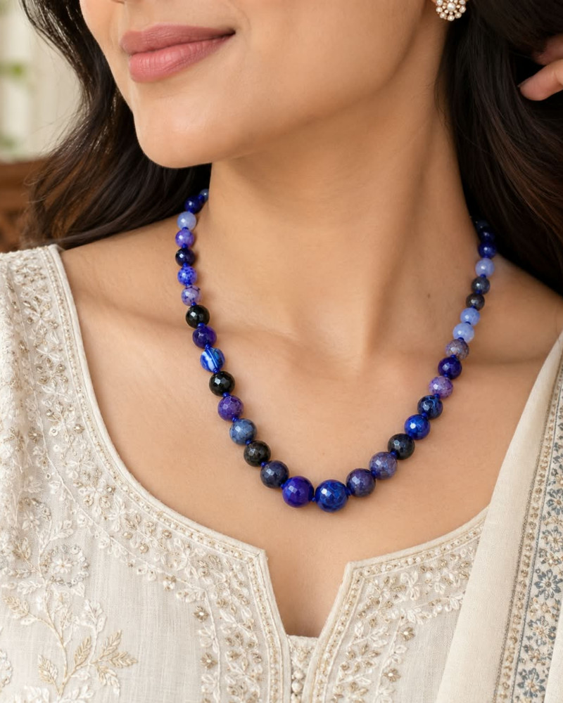Image of Handcrafted Royal Blue and Violet Agate Graduated Beaded Necklace