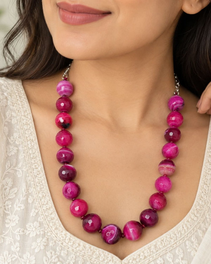 Image of Handcrafted Fuchsia Pink Agate Faceted Statement Beaded Necklace