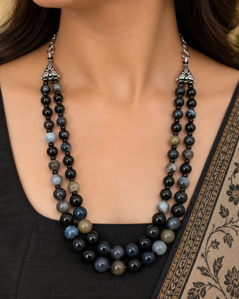 Image of Handcrafted Double-Strand Grey Banded Agate &amp; Black Onyx Smooth Round Beaded Necklace