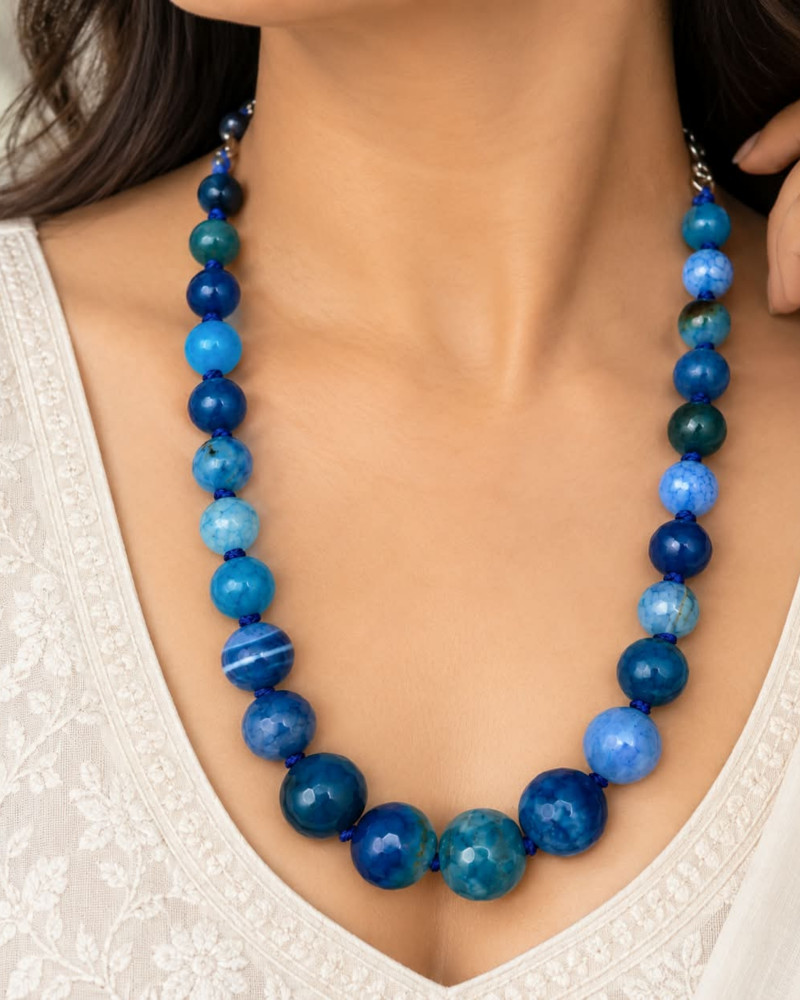 Image of Handcrafted Cobalt Blue Fire Agate Faceted Beaded Necklace