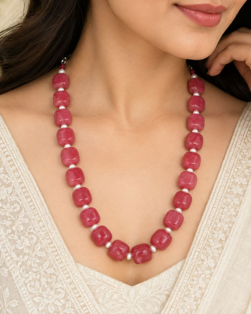 Image of Handcrafted Watermelon Pink Jade Cushion Cut Beaded Necklace with Pearl Spacers