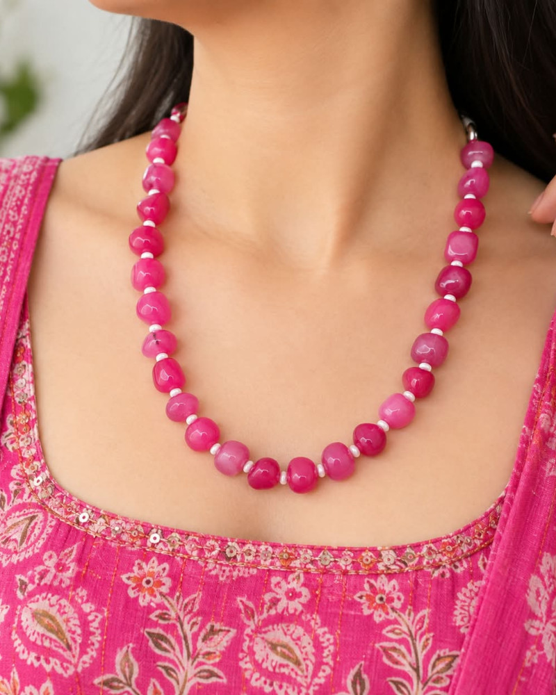 Image of Handcrafted Tumbled Hot Pink Agate Pebble Beaded Necklace with Pearl Spacers