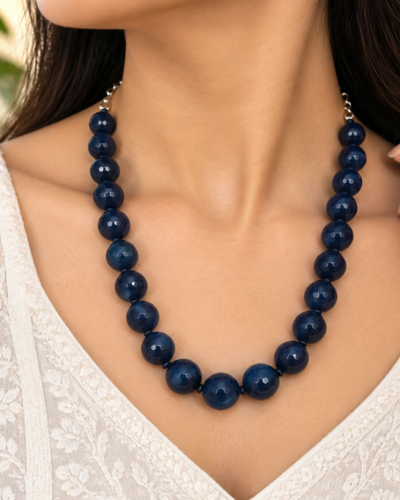 Image of Handcrafted Midnight Navy Blue Onyx Faceted Beaded Necklace (16mm)