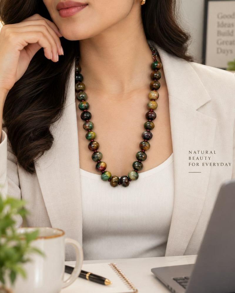 Image of Handcrafted Earth-Toned Green &amp; Ochre Jasper Faceted Beaded Necklace (12mm)
