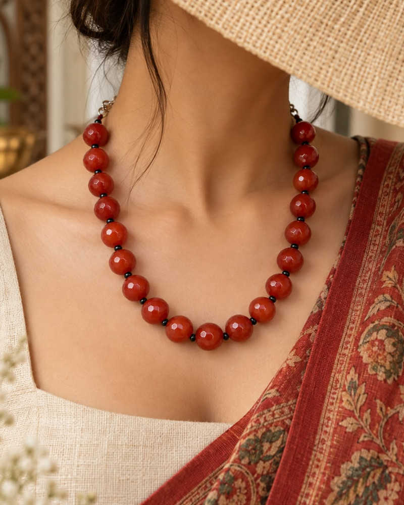 Image of Handcrafted Rust Red Carnelian Faceted Beaded Necklace (16mm)