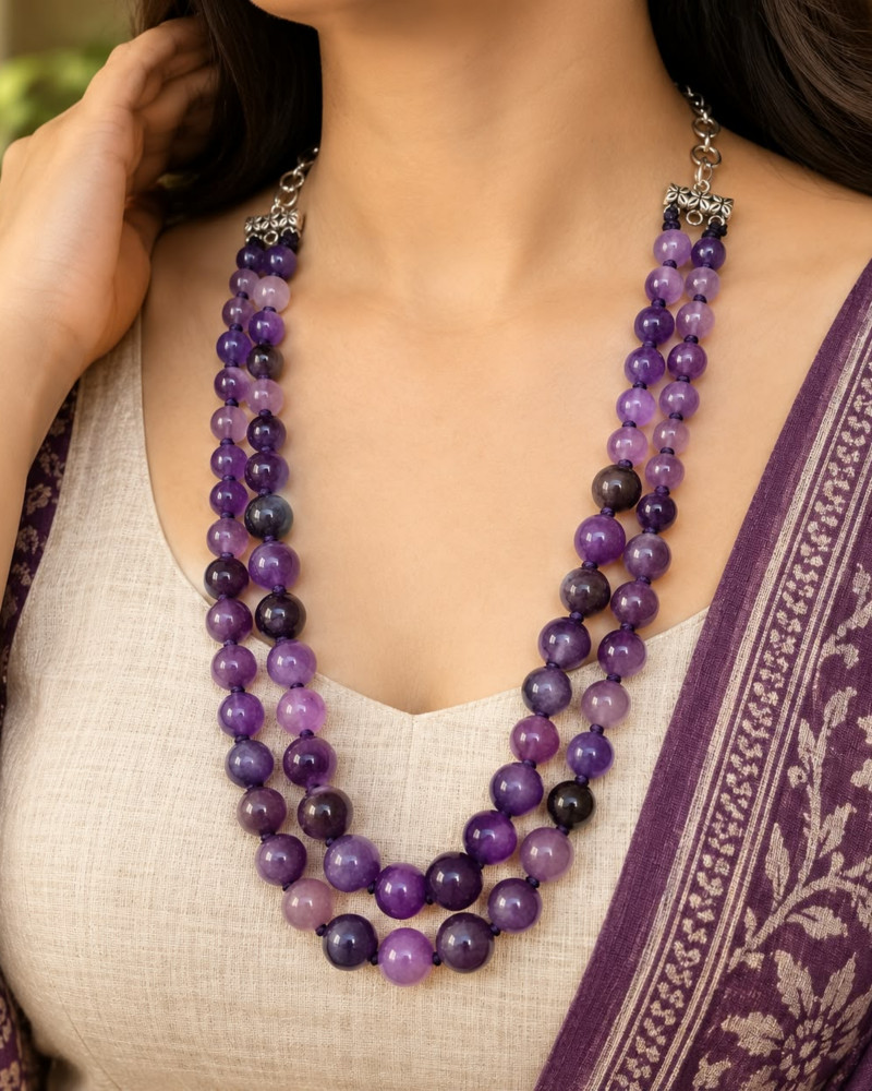 Image of Handcrafted Double-Strand Natural Amethyst Smooth Round Beaded Necklace
