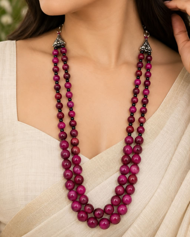 Image of 2-Strand Magenta Tiger Eye Beaded Layered Necklace with Silver-Tone Accents