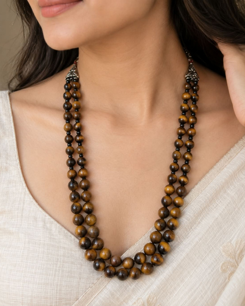 Image of 2-Strand Natural Golden Tiger Eye Gemstone Beaded Layered Necklace