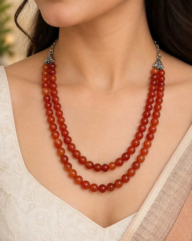 Image of Handcrafted Double-Strand Natural Carnelian Beaded Layered Necklace