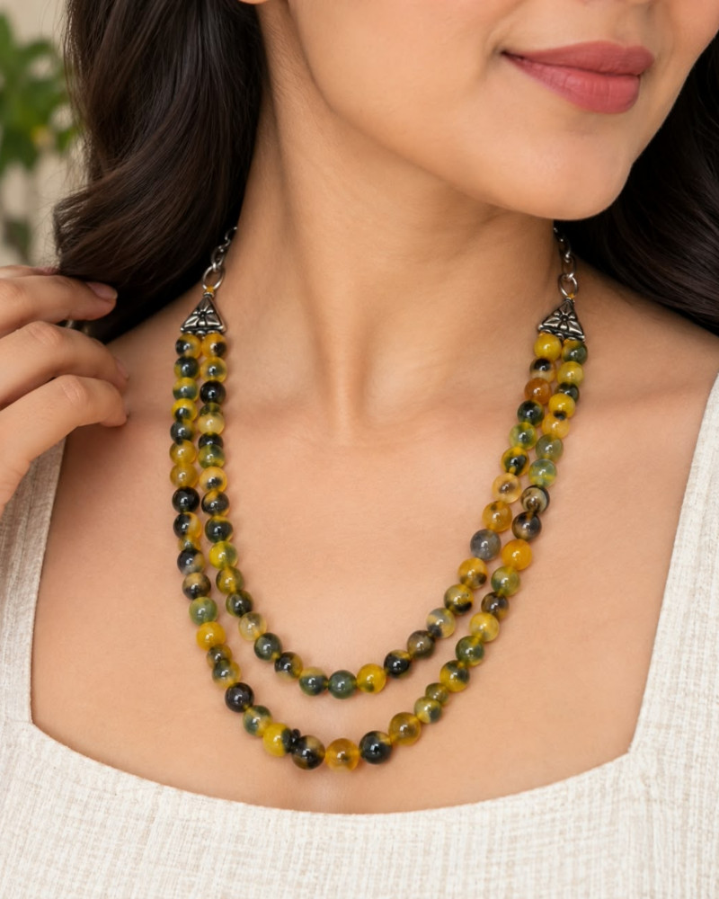 Image of Handcrafted Double-Strand Yellow Green Tiger Eye Smooth Round Beaded Necklace