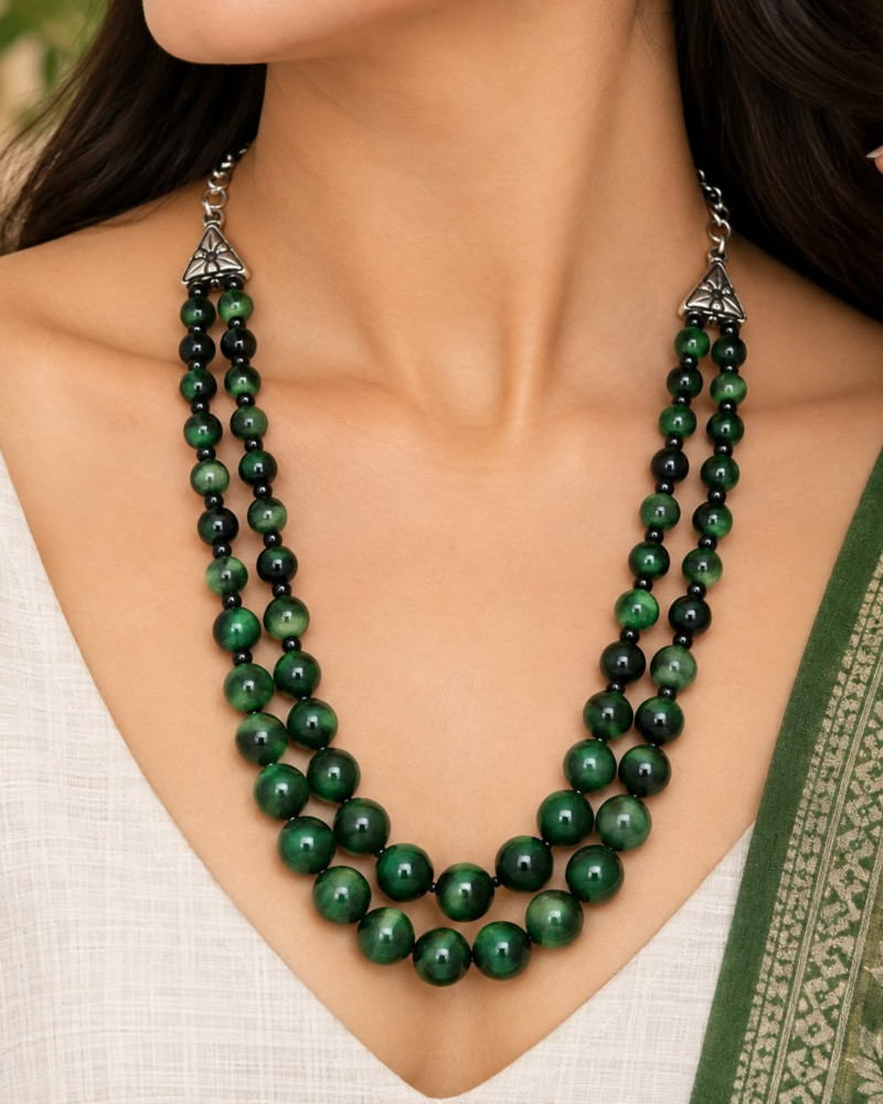 Image of Handcrafted Double-Strand Green Tiger Eye Smooth Round Beaded Necklace