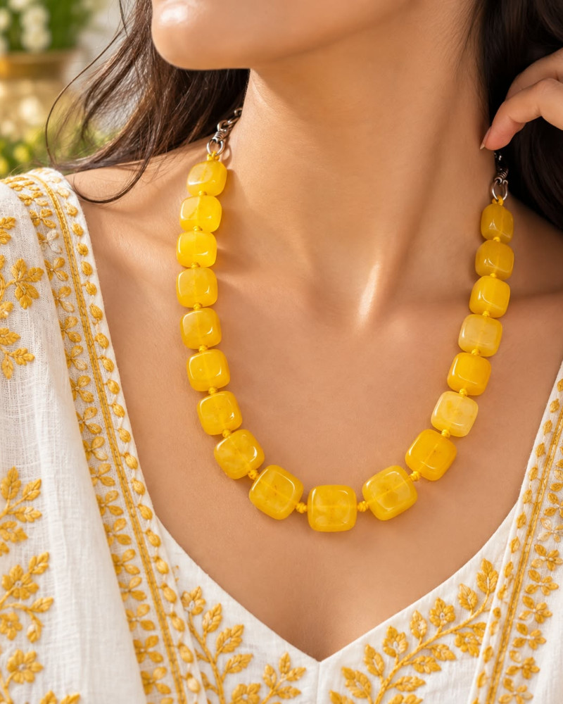 Image of Handcrafted Single-Strand Natural Yellow Jade Cushion Smooth Beaded Necklace
