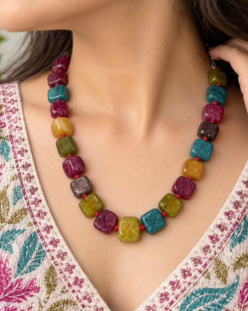 Image of Handcrafted Single-Strand Multicolor Gemstone Cushion Beaded Necklace